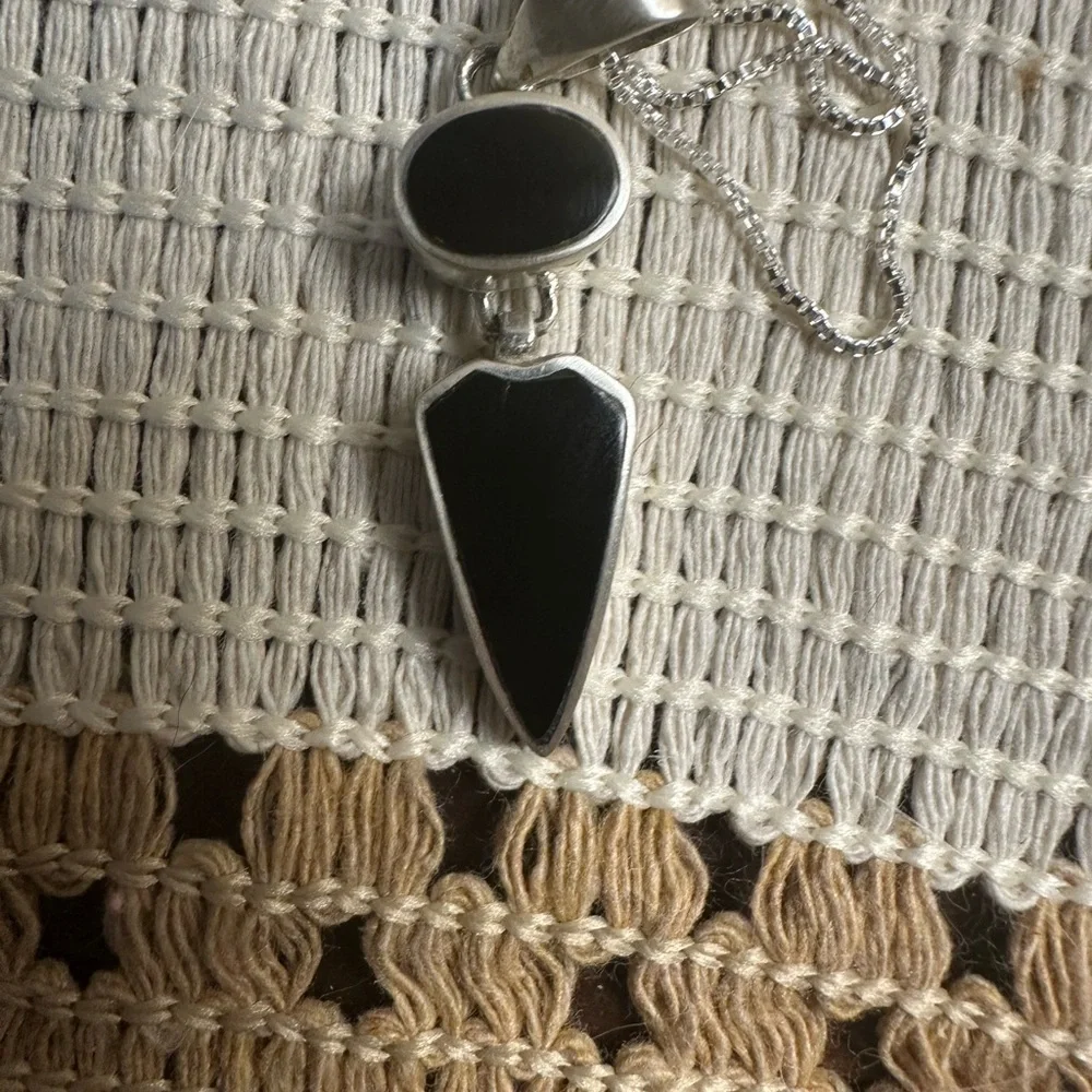 Double Black Stone and Sterling Silver Pendant Necklace on Silver Chain - Picture 9 of 9